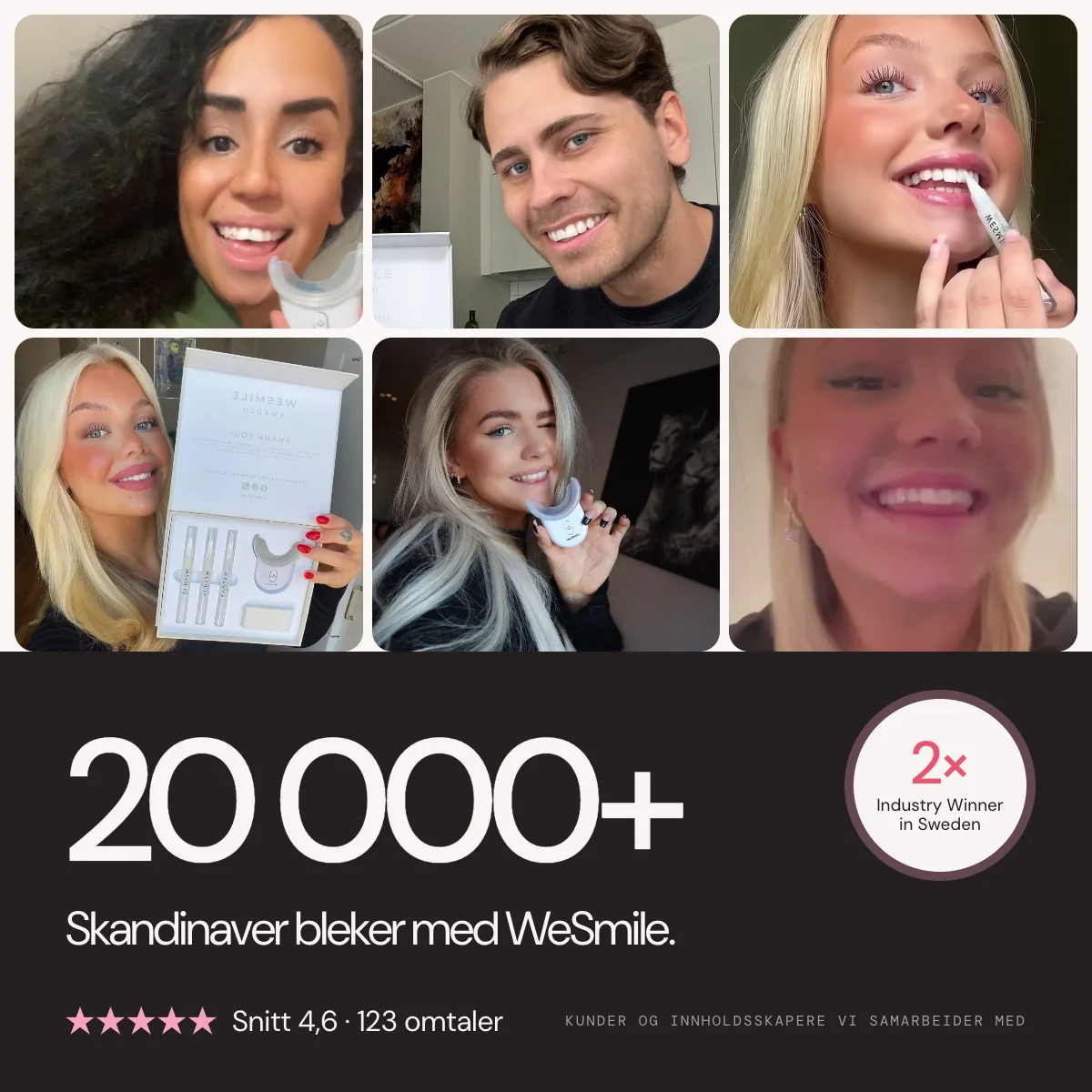 Over 20 000 skandinaver bleker tennene med WeSmile. 4,6 i snitt fra 123 anmeldelser. 2× Bransjevinner i Sverige